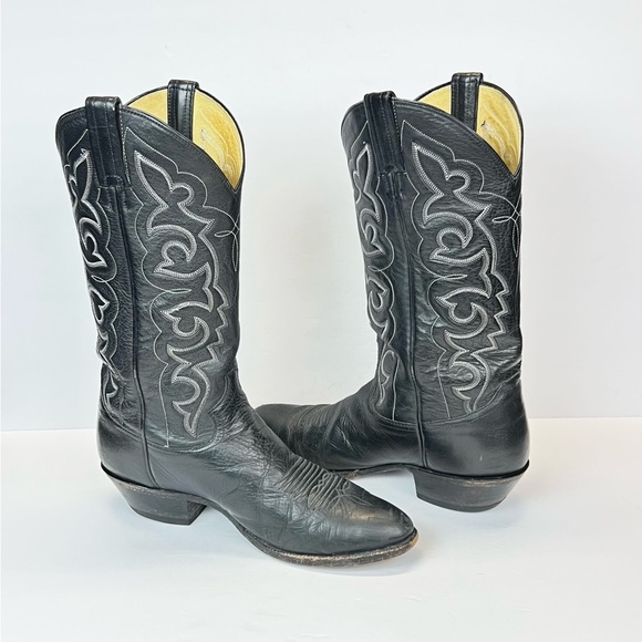 Mens Boots Size 9D Black Western Cowboy Boots with Embroidered Design - Picture 1 of 9